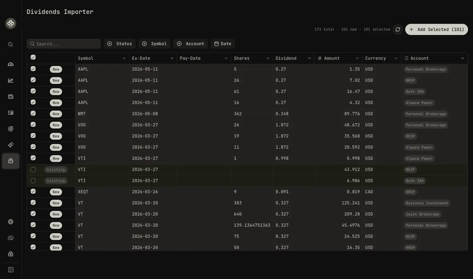 Dividends Importer screenshot in dark mode