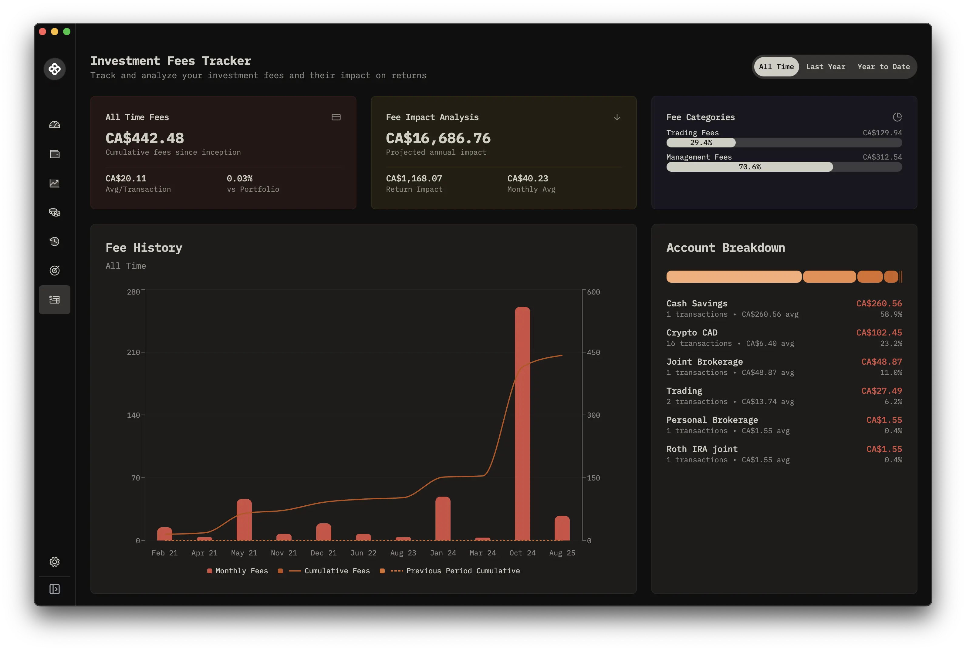Investment Fees Tracker screenshot in dark mode