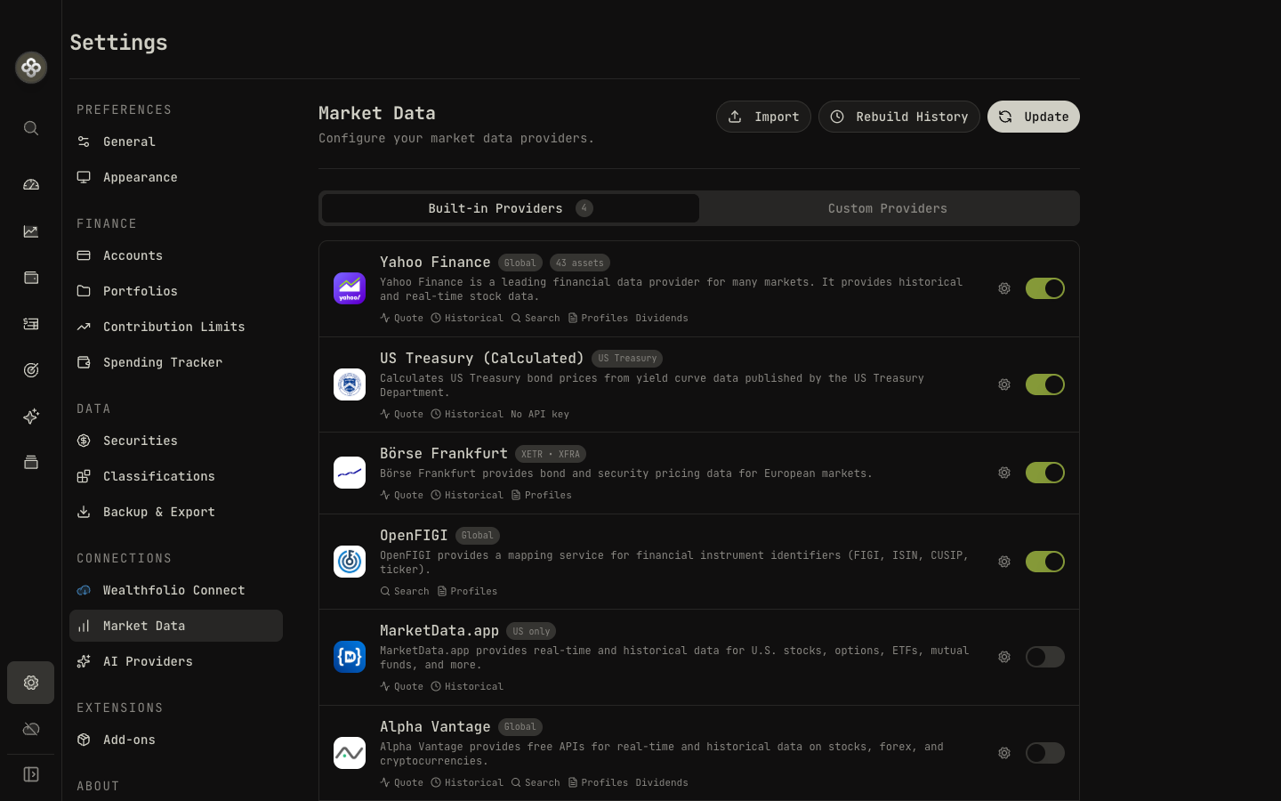 Market data providers — built-in and custom, managed without code