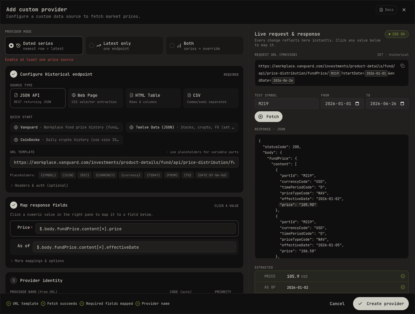 The custom provider editor configured for a Vanguard workplace fund: URL template, JSON field mappings, and the live response with the extracted price and date highlighted in green