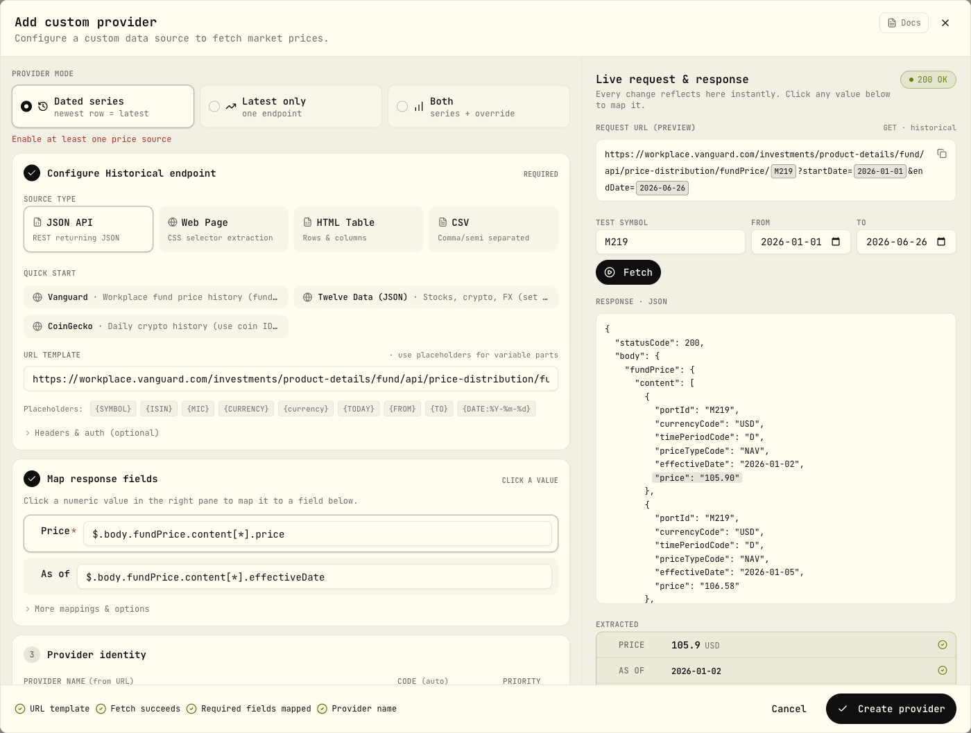The custom provider editor configured for a Vanguard workplace fund: URL template, JSON field mappings, and the live response with the extracted price and date highlighted in green