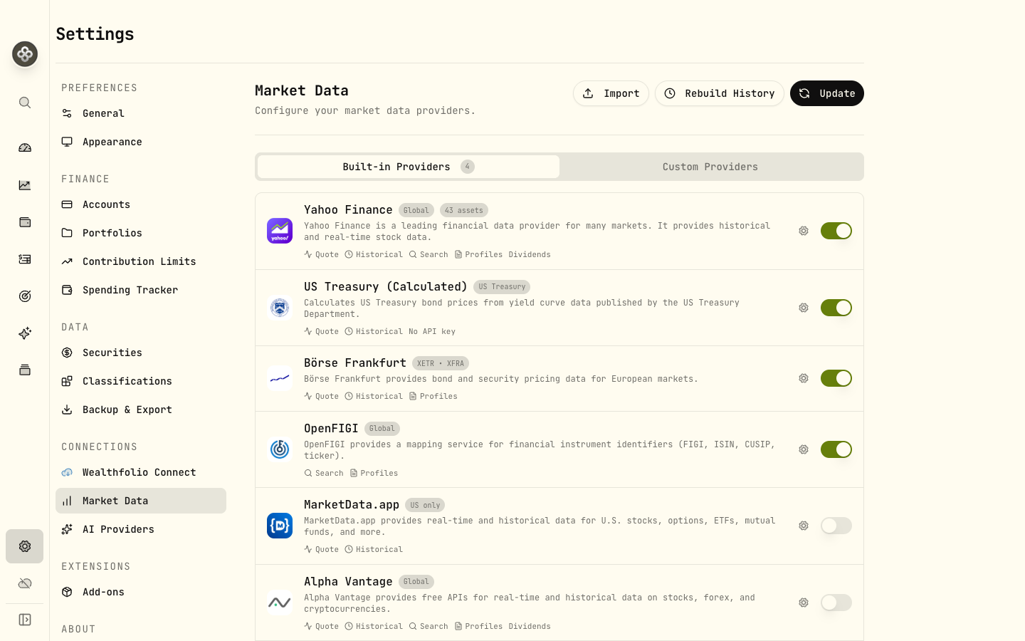 Market data providers — built-in and custom, managed without code