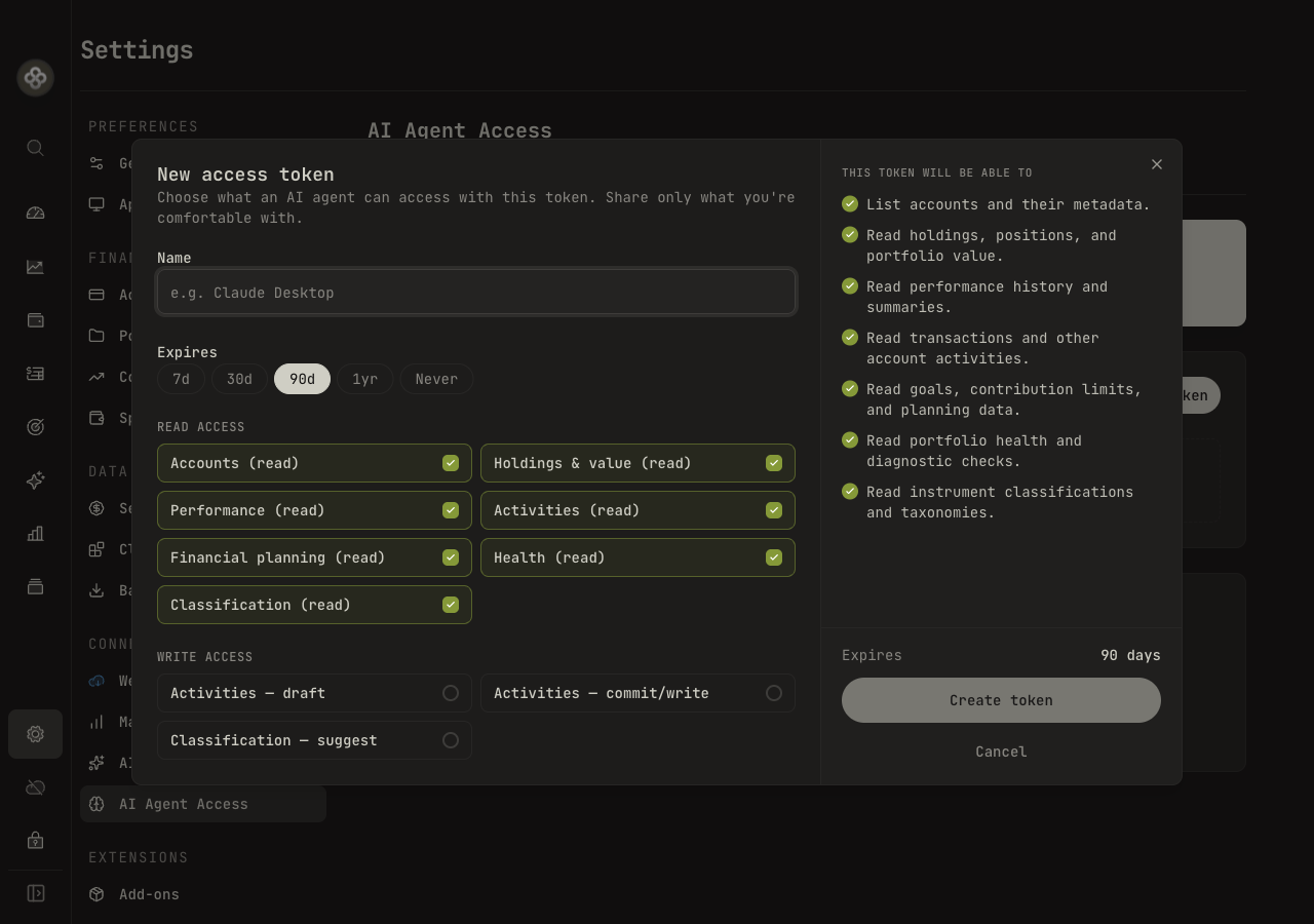 Creating a scoped access token — read and write scopes with a live capability summary