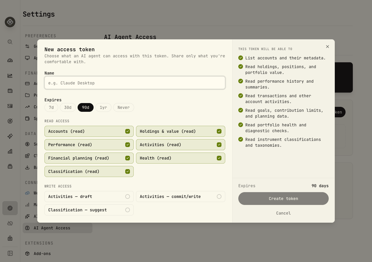 Creating a scoped access token — read and write scopes with a live capability summary