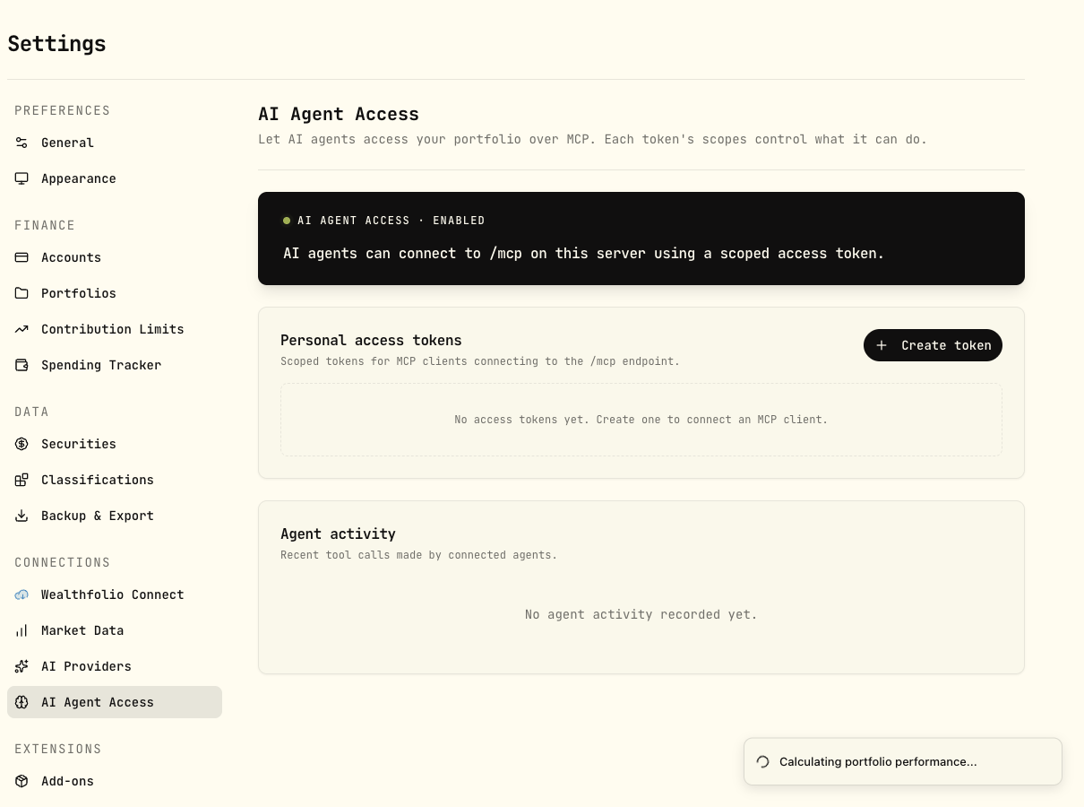 Settings → AI Agent Access — the MCP endpoint, access tokens, and agent activity log