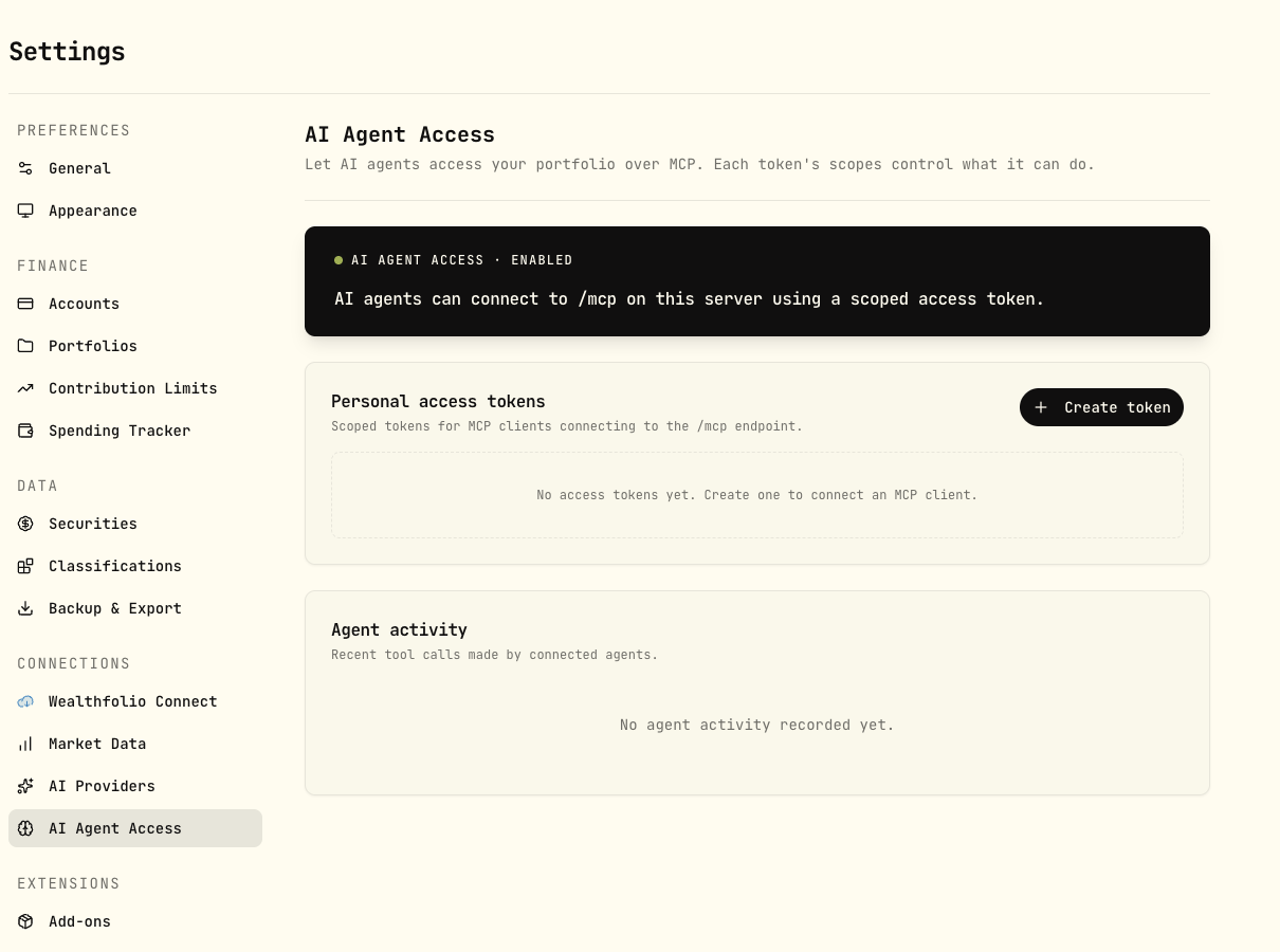 Settings → AI Agent Access — the MCP endpoint, access tokens, and agent activity log