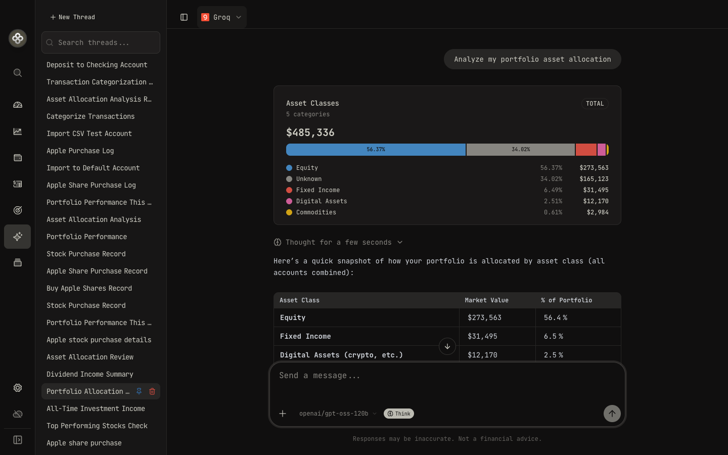 AI assistant chat with portfolio-aware answers and tool results