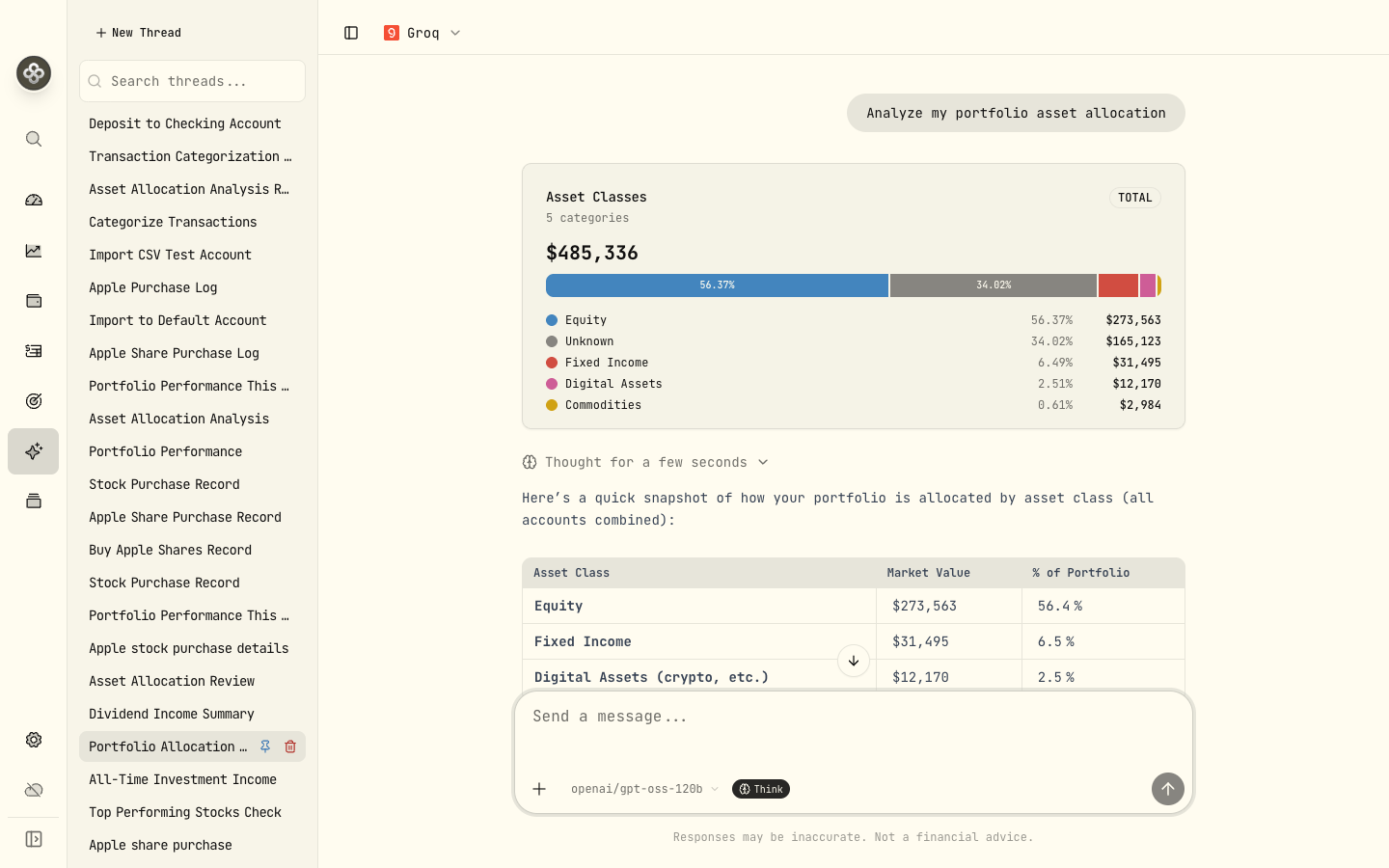 AI assistant chat with portfolio-aware answers and tool results