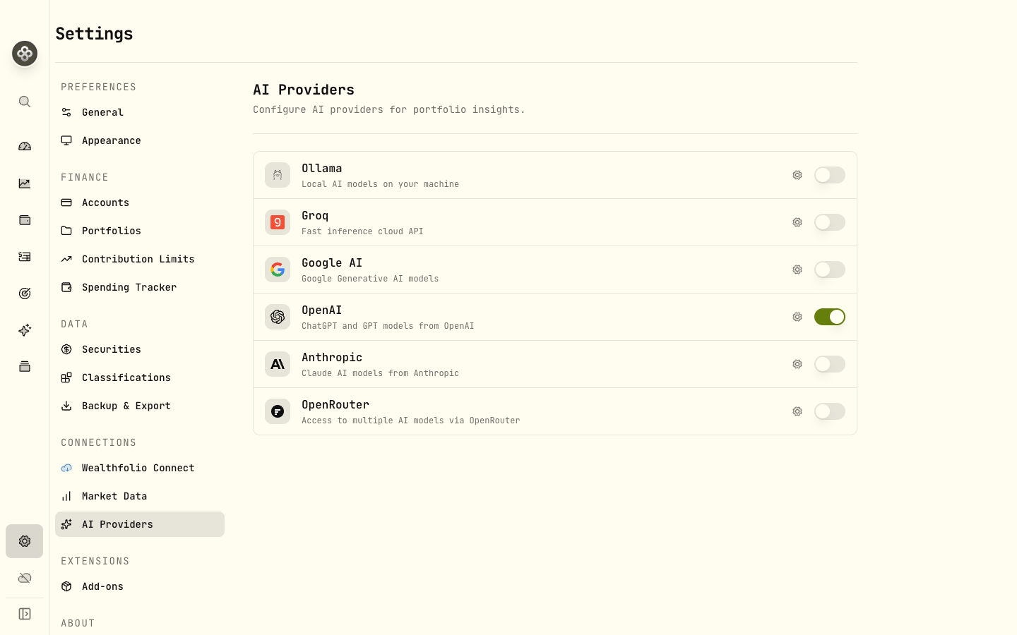 Provider and model settings with bring-your-own-key support