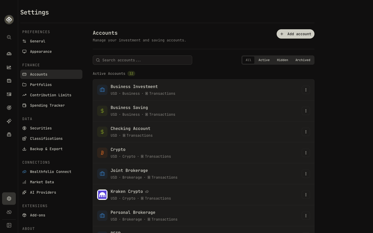 Settings → Accounts: your accounts with type, group, and tracking mode