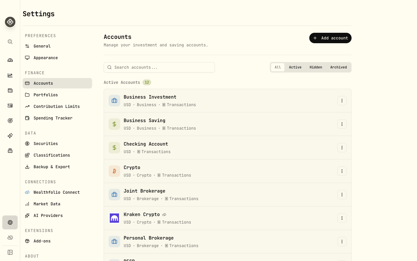 Settings → Accounts: your accounts with type, group, and tracking mode