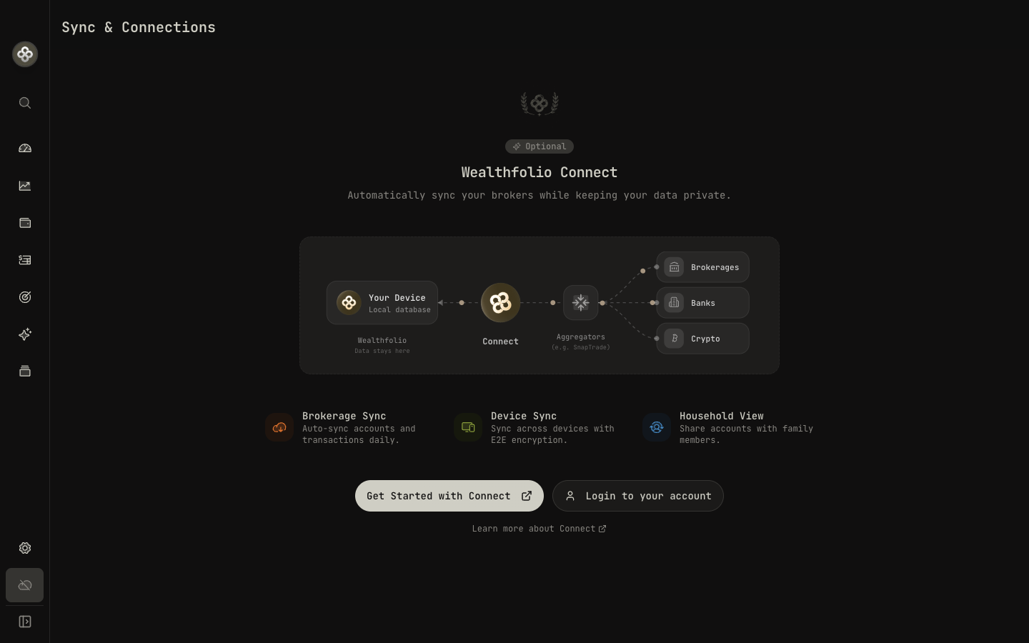 Wealthfolio Connect — sync brokers and devices while your data stays on your device