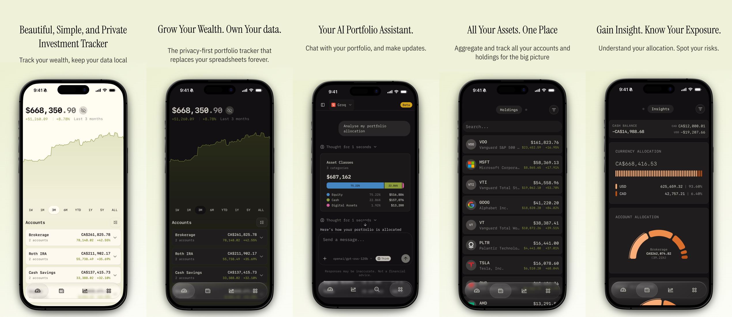 Wealthfolio on iOS — dashboard, net worth, AI assistant, holdings, and allocation