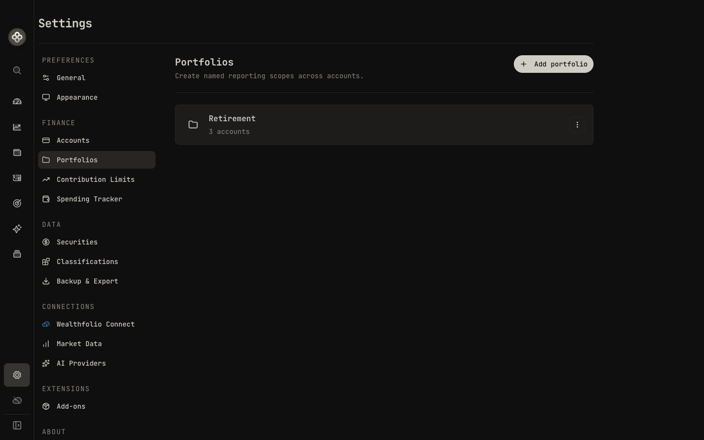 Settings → Portfolios: named reporting scopes across accounts