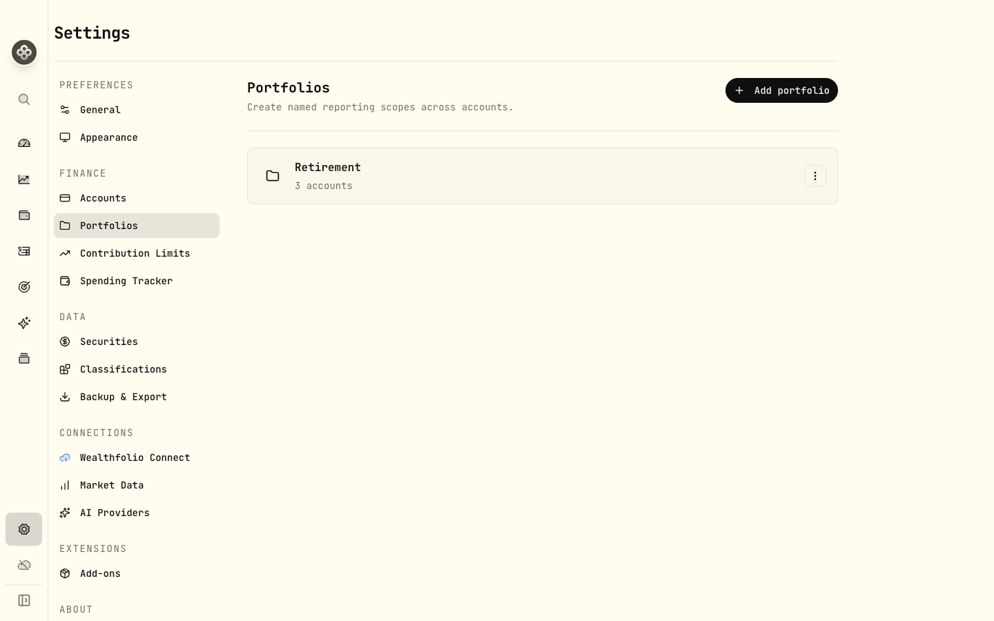 Settings → Portfolios: named reporting scopes across accounts