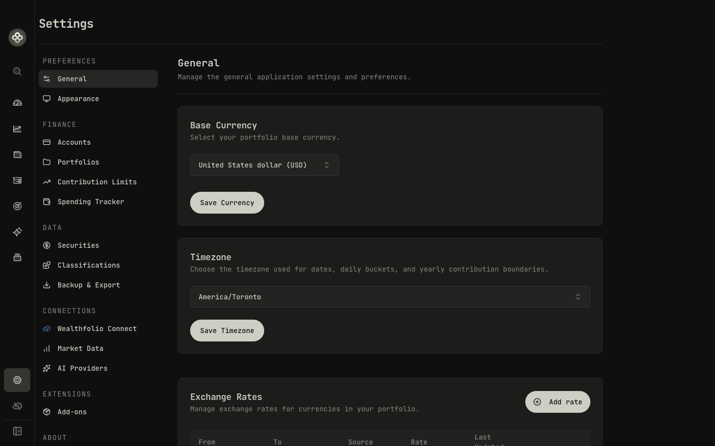 Settings, grouped into Preferences, Finance, Data, Connections, and Extensions