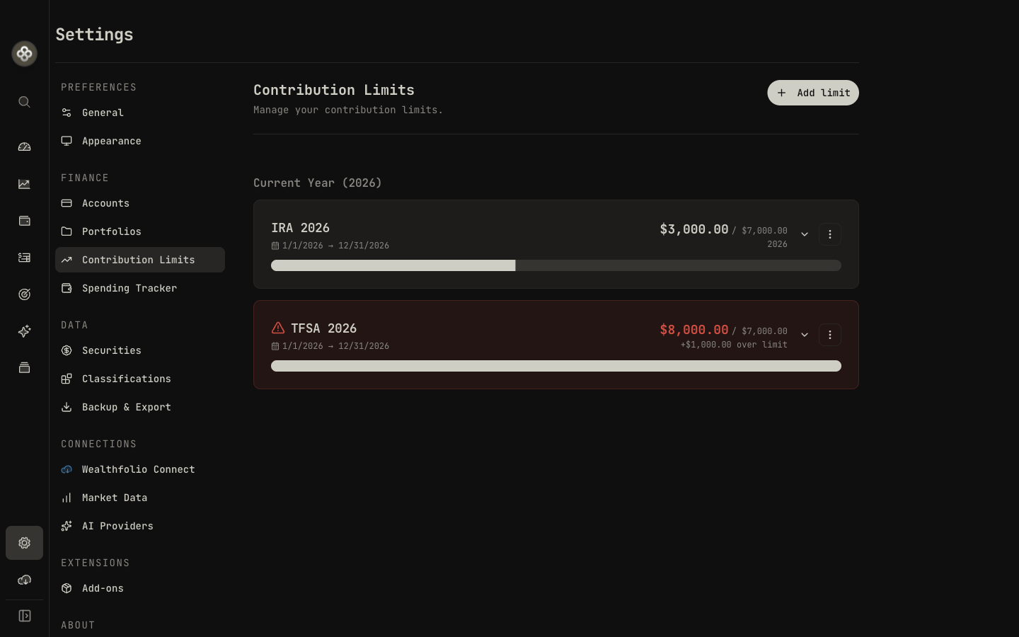Contribution room tracker with used vs. available limits