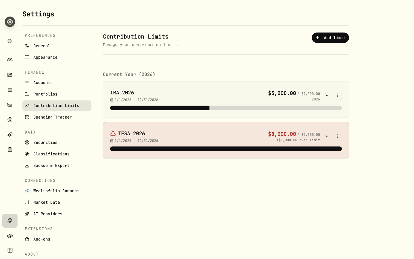 Contribution room tracker with used vs. available limits