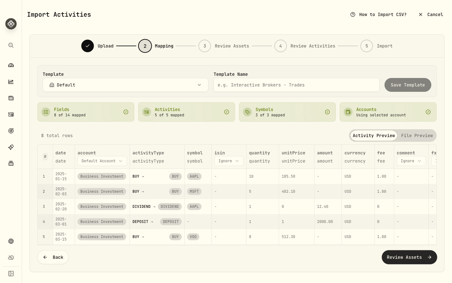 Step 2 — Mapping: columns, activity types, and symbols aligned to Wealthfolio fields and saved as a template