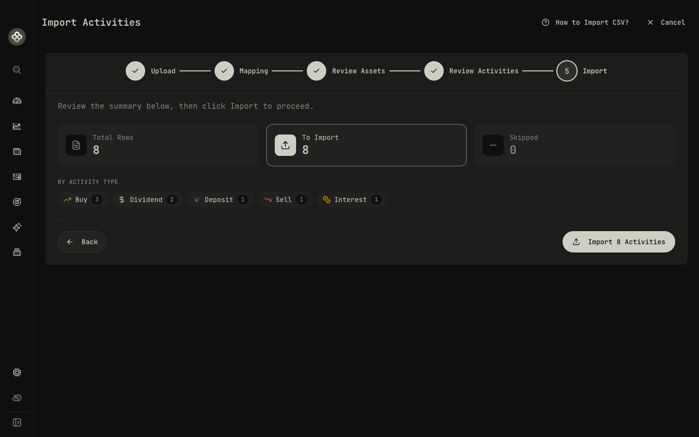 Step 5 — Import: rows to import versus skipped, broken down by activity type