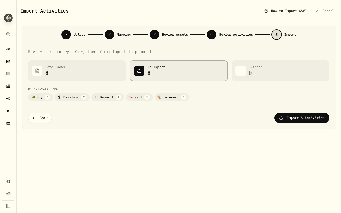 Step 5 — Import: rows to import versus skipped, broken down by activity type