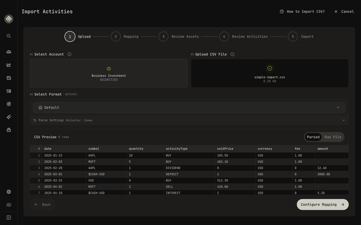 Step 1 — Upload: pick the account, drop your CSV, and preview the parsed rows