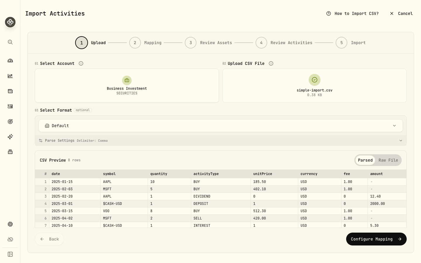 Step 1 — Upload: pick the account, drop your CSV, and preview the parsed rows