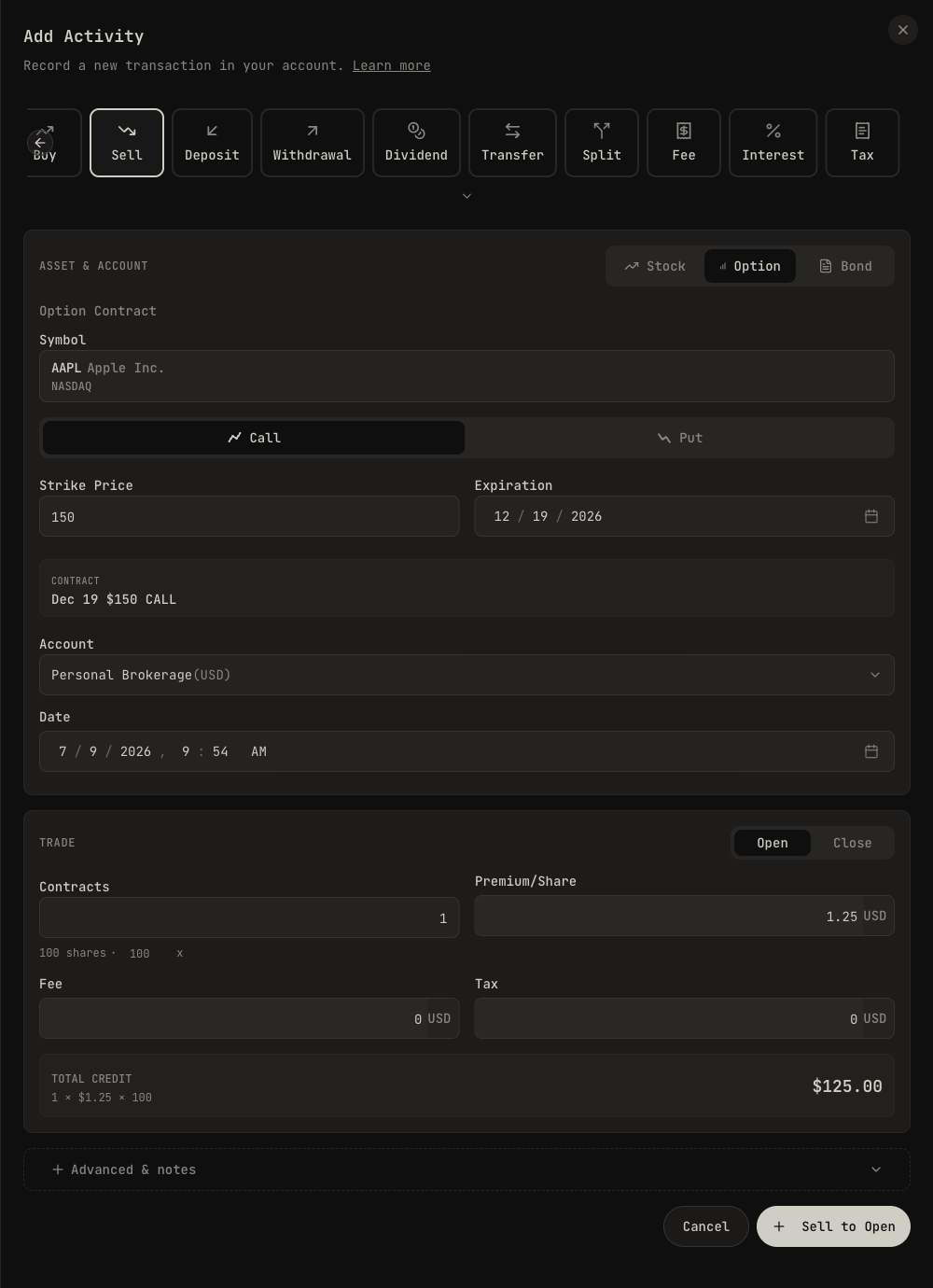Add Activity form with Sell selected, the asset toggle set to Option, a Call contract with strike and expiration, and Position set to Open