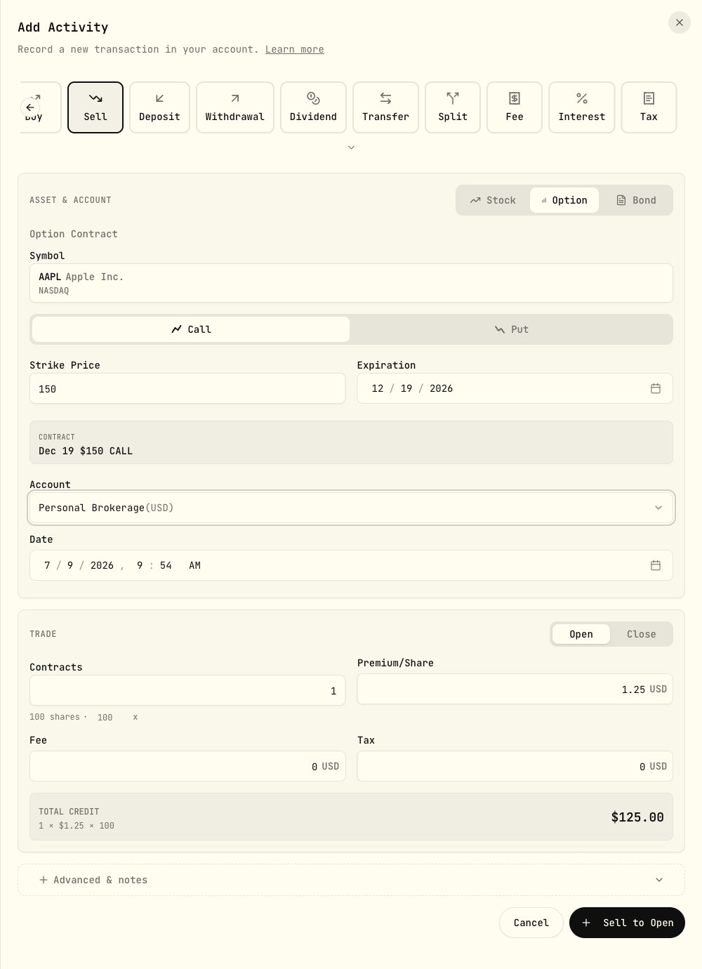 Add Activity form with Sell selected, the asset toggle set to Option, a Call contract with strike and expiration, and Position set to Open