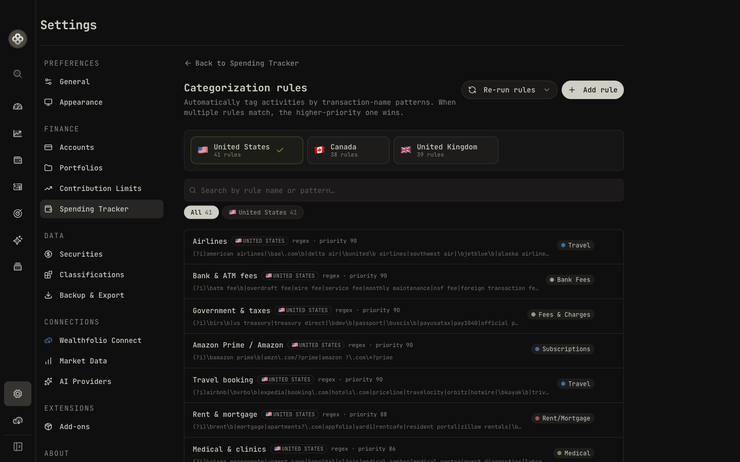 Categorization rules with match types and presets
