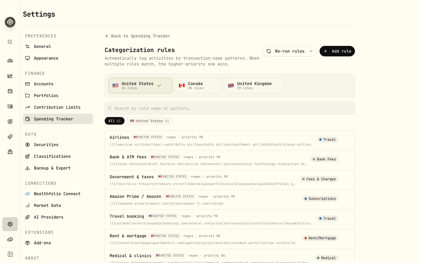 Categorization rules with match types and presets
