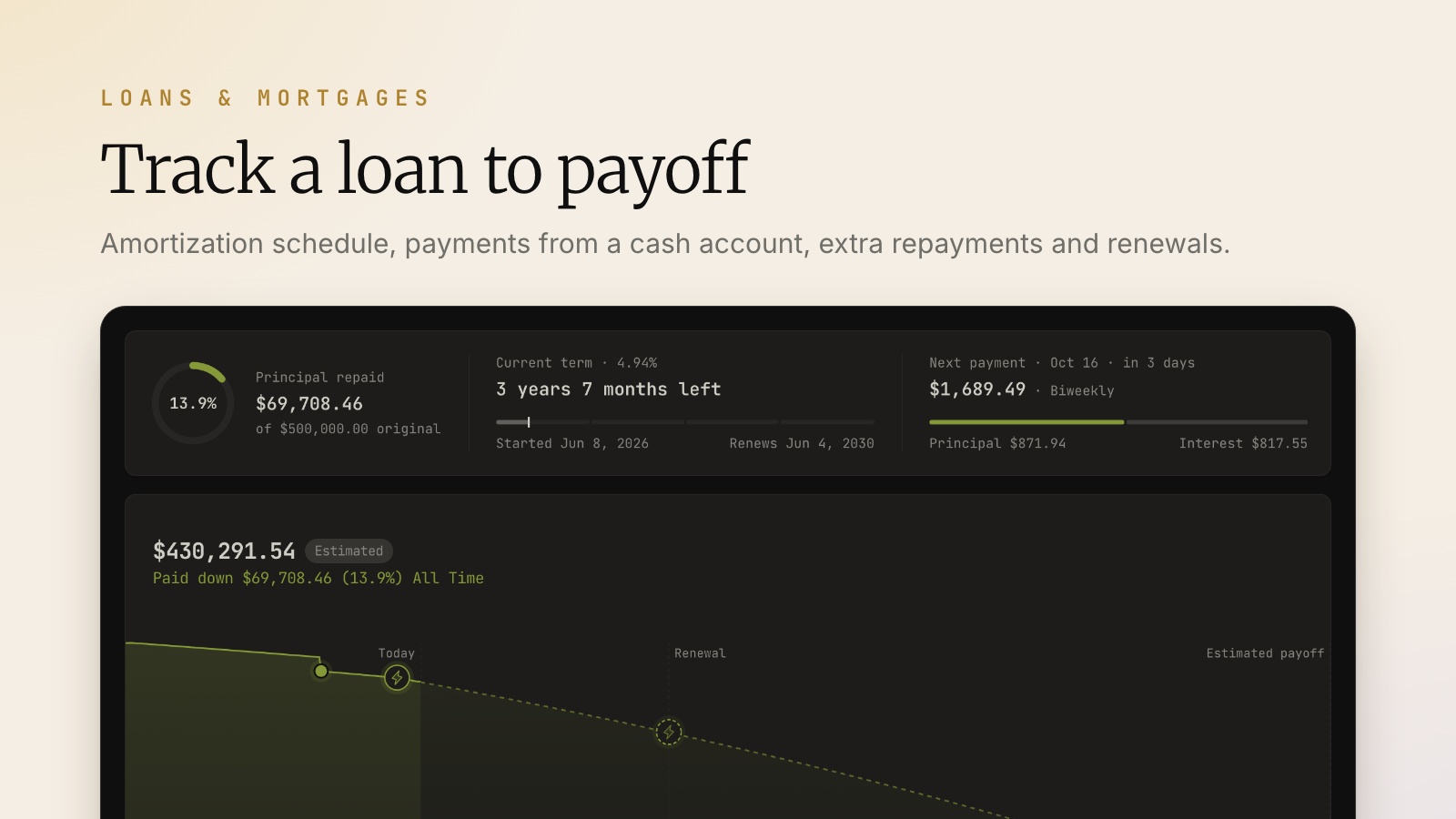 Loan page with principal repaid, current term, next payment and the projected balance to payoff