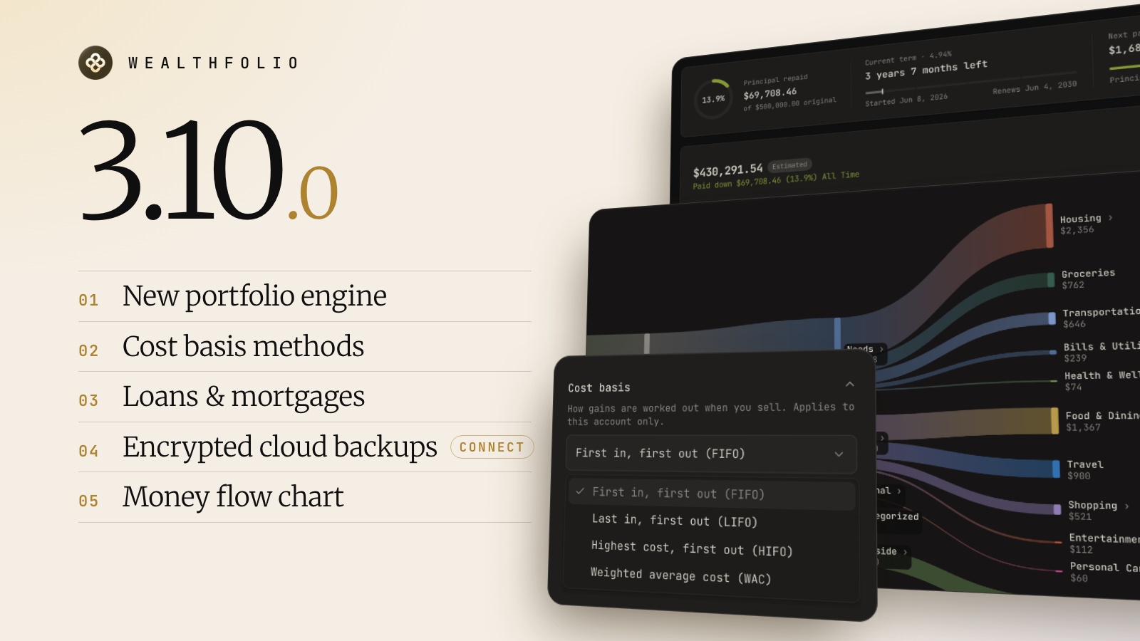Wealthfolio 3.10.0: new portfolio engine, cost basis methods, loans and mortgages, encrypted cloud backups, and a money flow chart